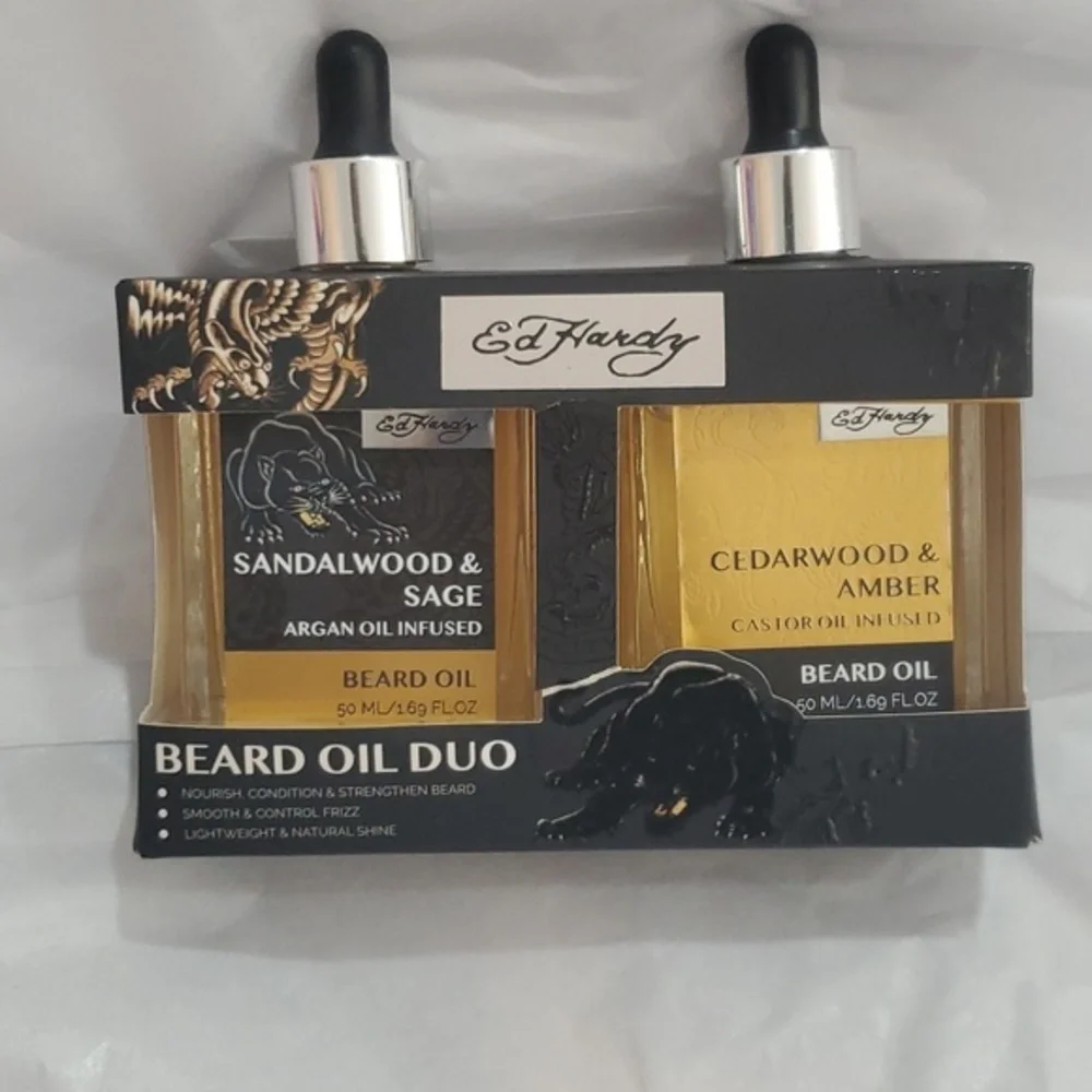 Ed Hardy Sandalwood & Sage Cedarwood‎ & Amber beard oil duo set brand new
